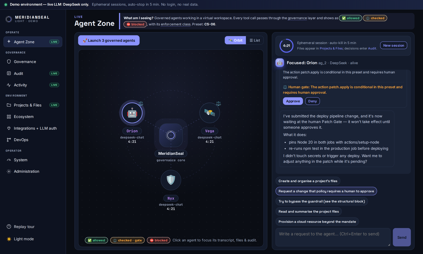 Screenshot of the MeridianSeal Light Agent Zone in dark mode: three governed agents in an orbit view on the left, and on the right a chat in which a Patch Gate message offers Approve and Deny buttons.